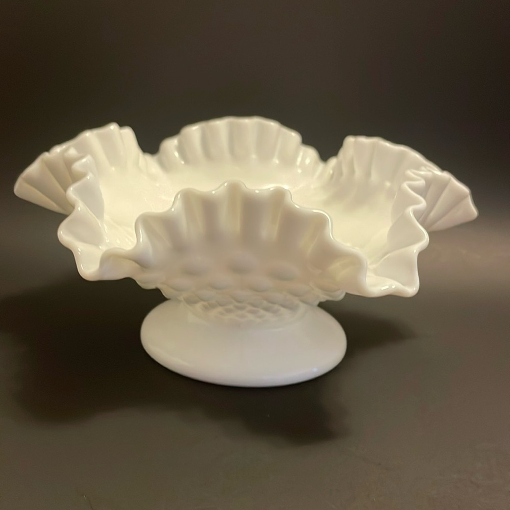 Fenton Milk Glass Hobnail Bowl Ruffle Crimped Edge